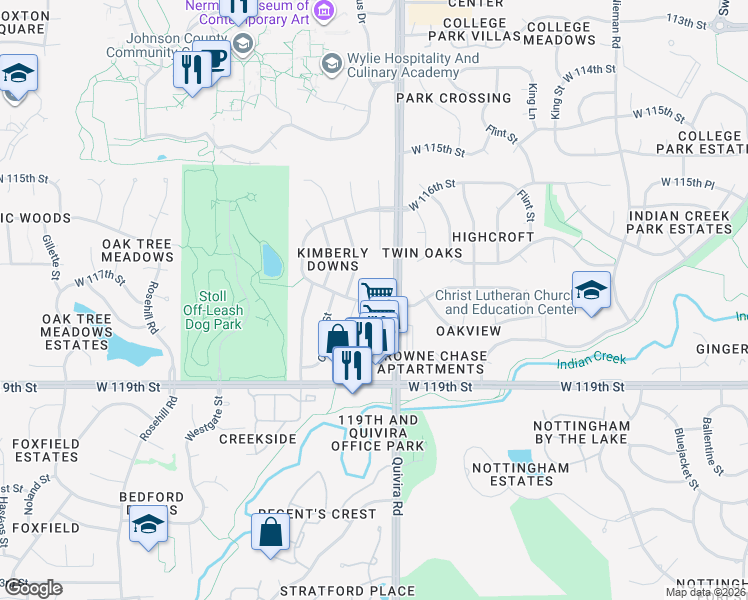 map of restaurants, bars, coffee shops, grocery stores, and more near 12020 West 117th Terrace in Overland Park