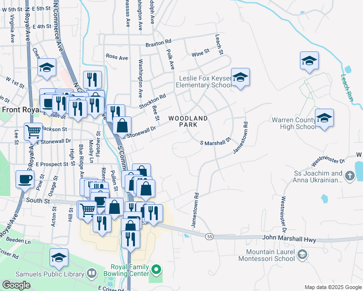 map of restaurants, bars, coffee shops, grocery stores, and more near 713 Woodlawn Avenue in Front Royal