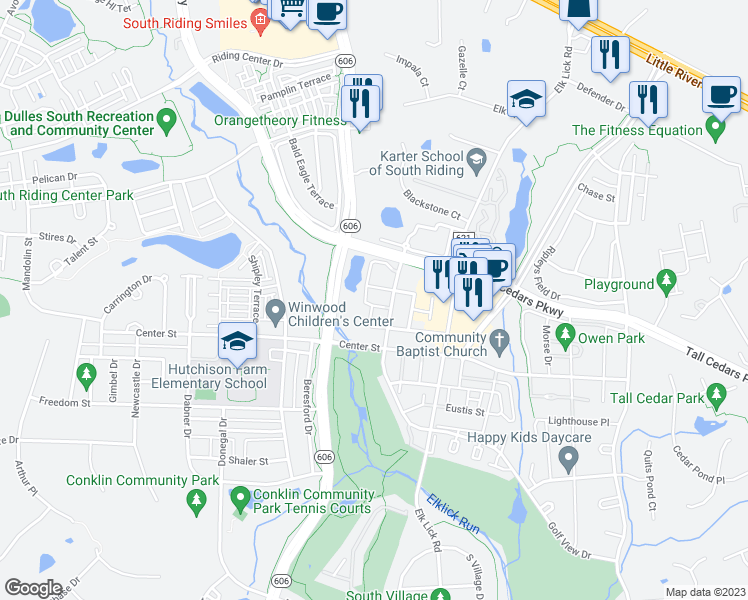 map of restaurants, bars, coffee shops, grocery stores, and more near 25364 Ashbury Drive in Chantilly