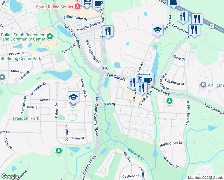 map of restaurants, bars, coffee shops, grocery stores, and more near 25364 Ashbury Drive in Chantilly