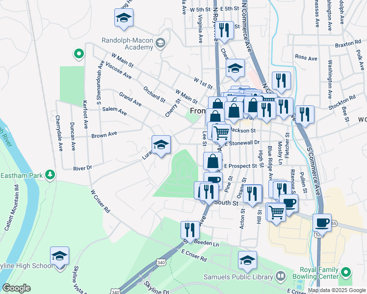 map of restaurants, bars, coffee shops, grocery stores, and more near 134 West Stonewall Drive in Front Royal