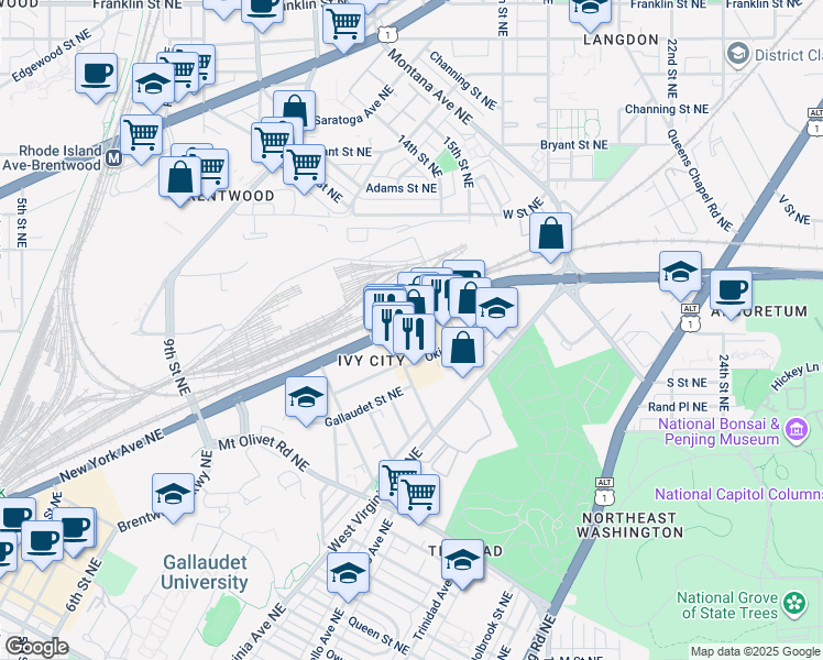 map of restaurants, bars, coffee shops, grocery stores, and more near 1400 New York Avenue Northeast in Washington