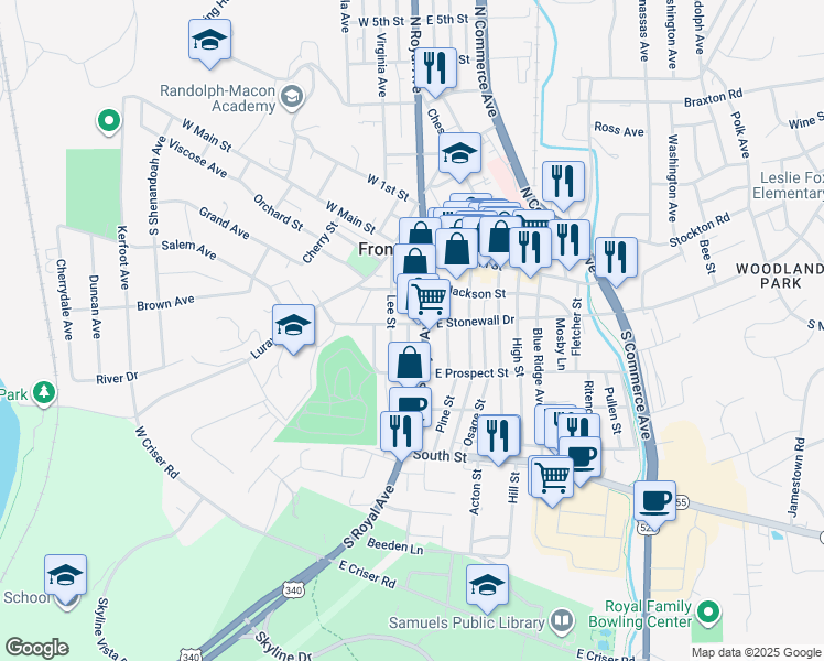 map of restaurants, bars, coffee shops, grocery stores, and more near 201 South Royal Avenue in Front Royal