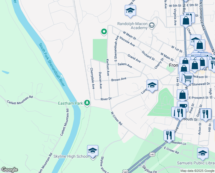 map of restaurants, bars, coffee shops, grocery stores, and more near 408 Kerfoot Avenue in Front Royal