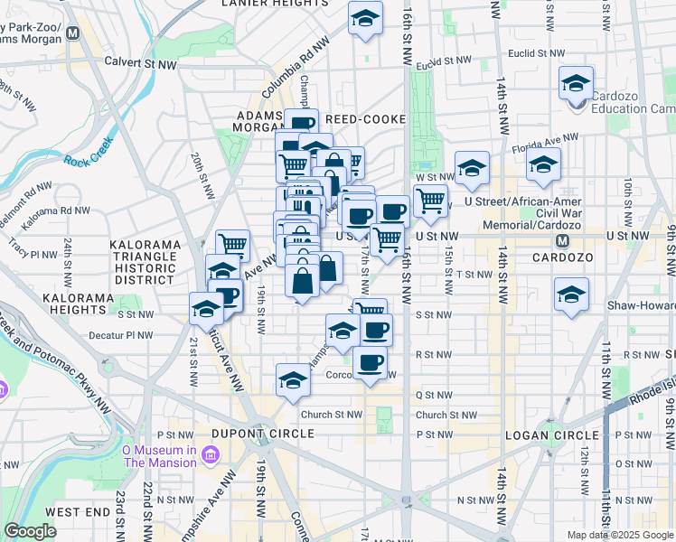 map of restaurants, bars, coffee shops, grocery stores, and more near 1741 T Street Northwest in Washington