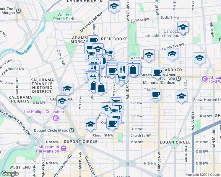 map of restaurants, bars, coffee shops, grocery stores, and more near 1717 T Street Northwest in Washington