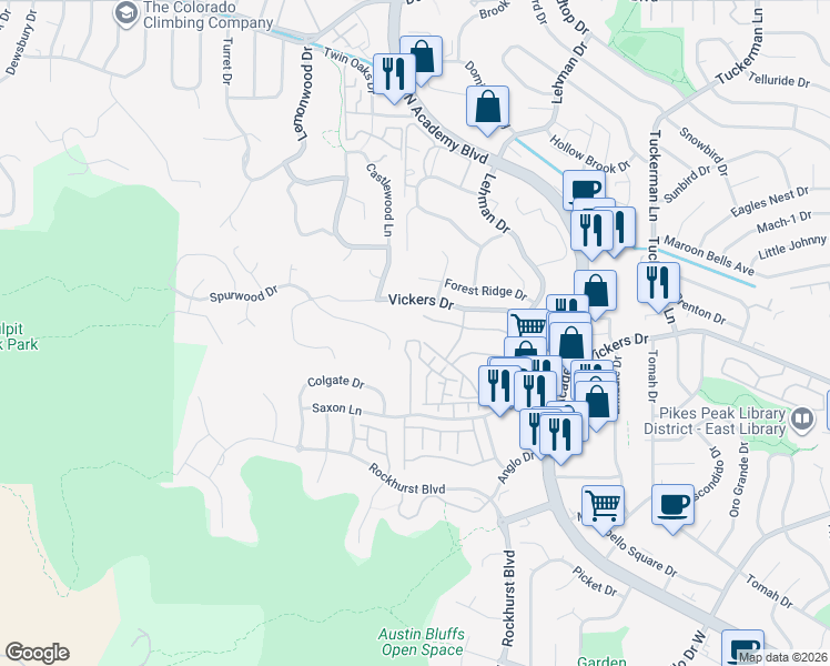 map of restaurants, bars, coffee shops, grocery stores, and more near 5764 University Village View in Colorado Springs