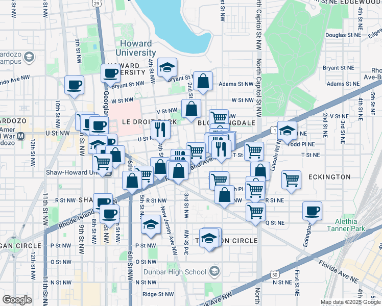 map of restaurants, bars, coffee shops, grocery stores, and more near 101 Independence Avenue Southeast in Washington