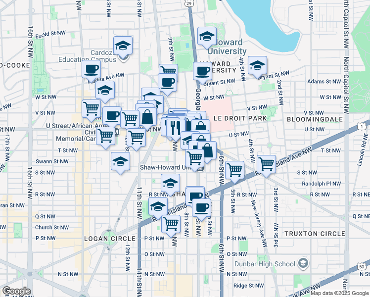 map of restaurants, bars, coffee shops, grocery stores, and more near 101 Independence Avenue Southeast in Washington