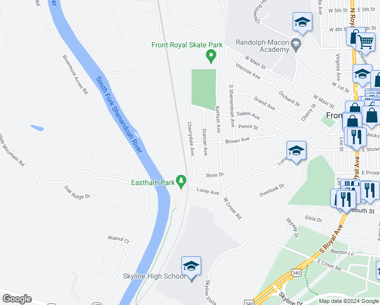 map of restaurants, bars, coffee shops, grocery stores, and more near 609 Brown Avenue in Front Royal