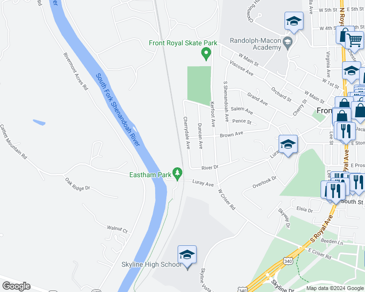 map of restaurants, bars, coffee shops, grocery stores, and more near 406 Cherrydale Avenue in Front Royal
