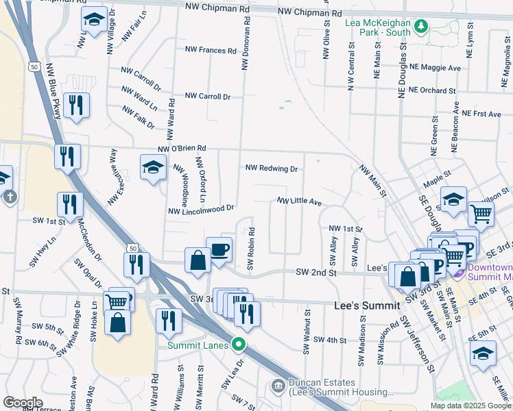 map of restaurants, bars, coffee shops, grocery stores, and more near in Lee's Summit