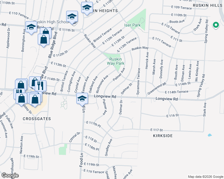 map of restaurants, bars, coffee shops, grocery stores, and more near 11419 Palmer Avenue in Kansas City