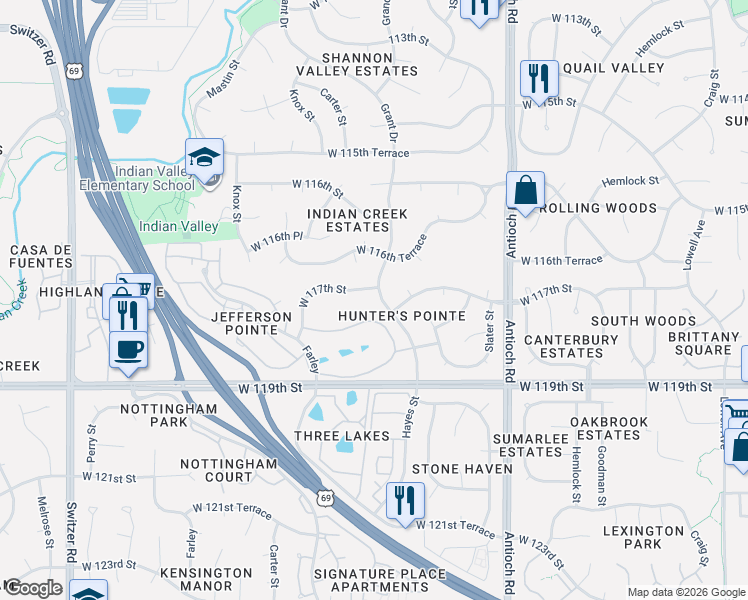 map of restaurants, bars, coffee shops, grocery stores, and more near 11700 Grant Drive in Overland Park