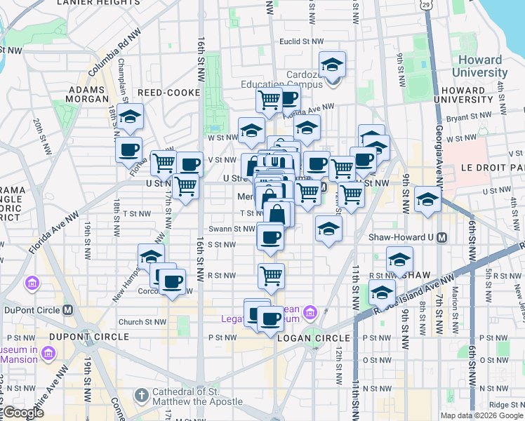 map of restaurants, bars, coffee shops, grocery stores, and more near 1413 T Street Northwest in Washington
