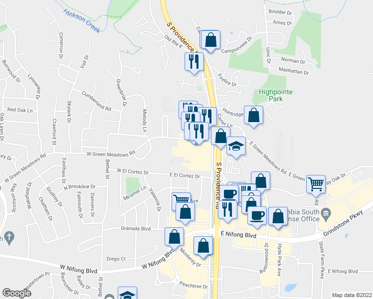 map of restaurants, bars, coffee shops, grocery stores, and more near 106 East Green Meadows Road in Columbia