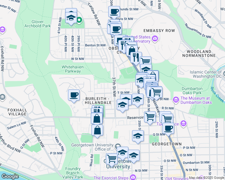 map of restaurants, bars, coffee shops, grocery stores, and more near 1906 37th Street Northwest in Washington