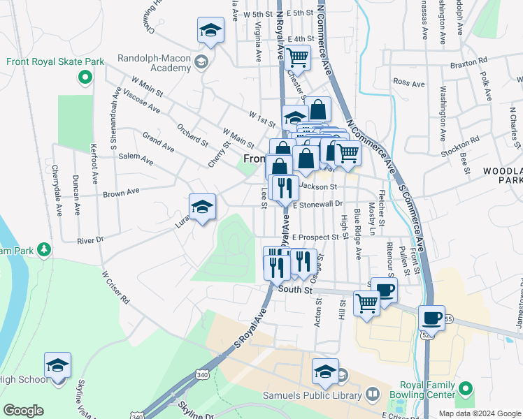 map of restaurants, bars, coffee shops, grocery stores, and more near 127 Lee Street in Front Royal