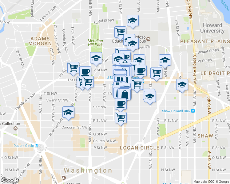 map of restaurants, bars, coffee shops, grocery stores, and more near 1421 T Street Northwest in Washington, D.C.