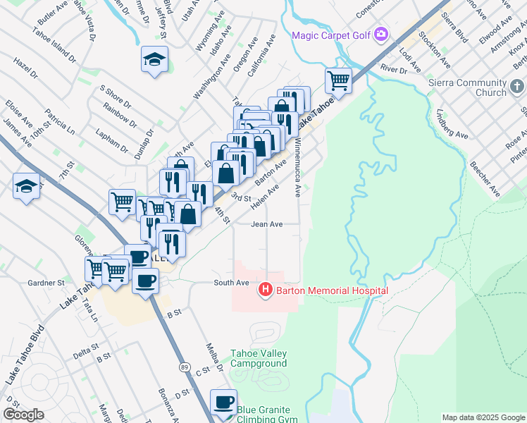 map of restaurants, bars, coffee shops, grocery stores, and more near 1066 3rd Street in South Lake Tahoe