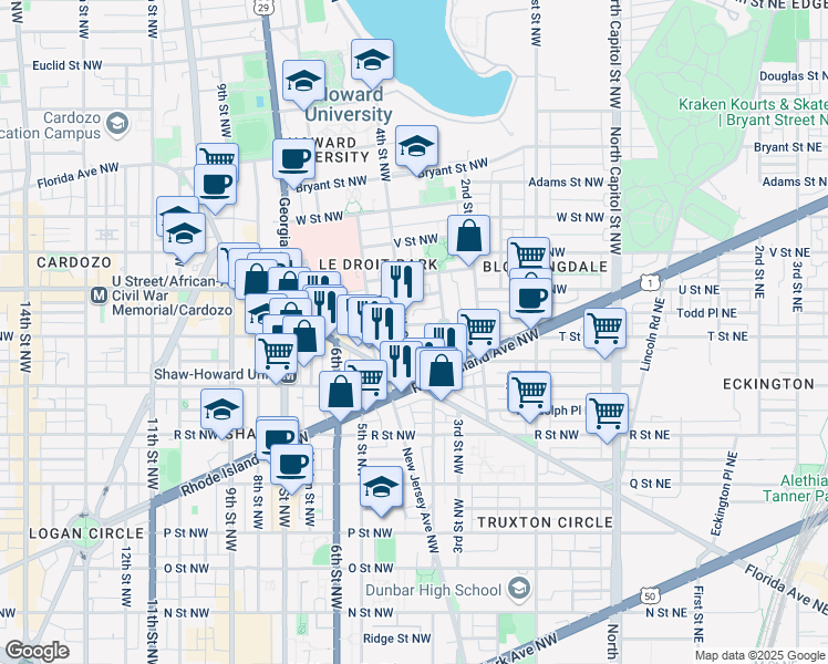 map of restaurants, bars, coffee shops, grocery stores, and more near 326 T Street Northwest in Washington