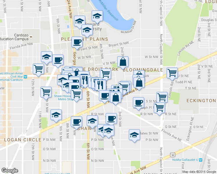 map of restaurants, bars, coffee shops, grocery stores, and more near 326 T Street Northwest in Washington