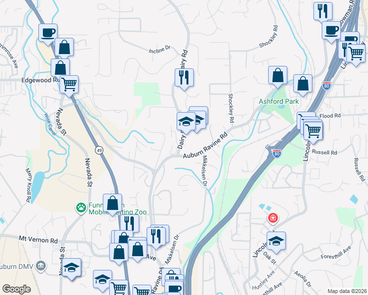 map of restaurants, bars, coffee shops, grocery stores, and more near 168 Dairy Road in Auburn