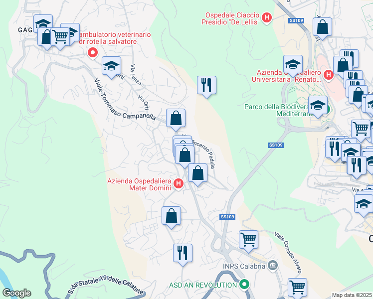 map of restaurants, bars, coffee shops, grocery stores, and more near Via Lorenzo Cardone in Catanzaro