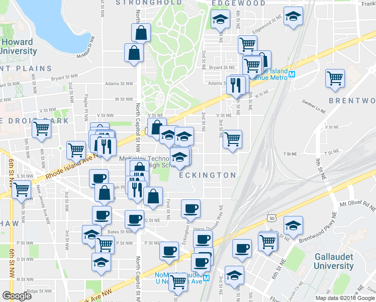 map of restaurants, bars, coffee shops, grocery stores, and more near 144 T Street Northeast in Washington