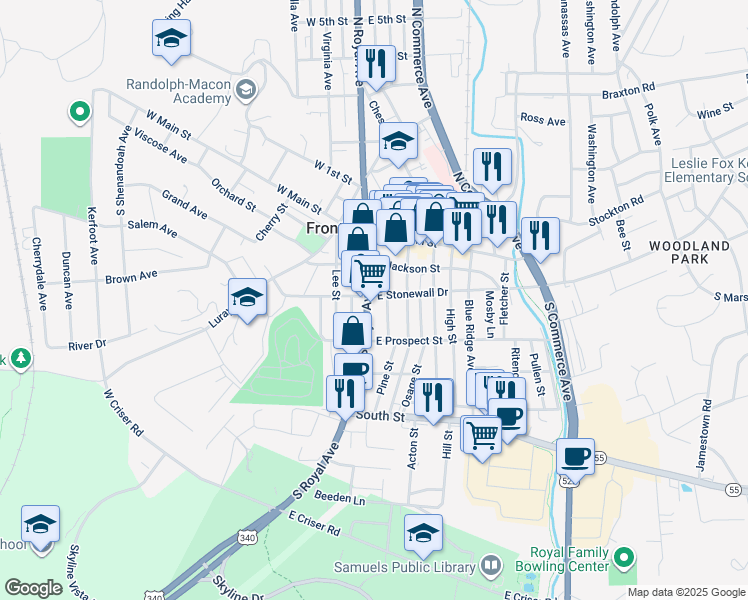 map of restaurants, bars, coffee shops, grocery stores, and more near 202 South Royal Avenue in Front Royal