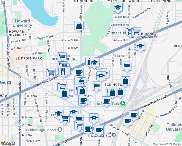 map of restaurants, bars, coffee shops, grocery stores, and more near 1901 Lincoln Road Northeast in Washington