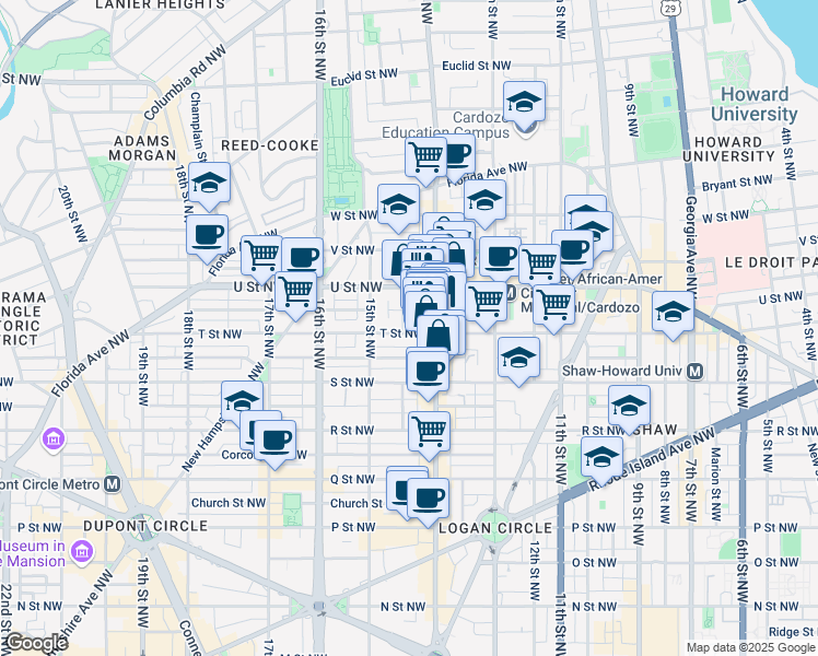 map of restaurants, bars, coffee shops, grocery stores, and more near 1421 T Street Northwest in Washington