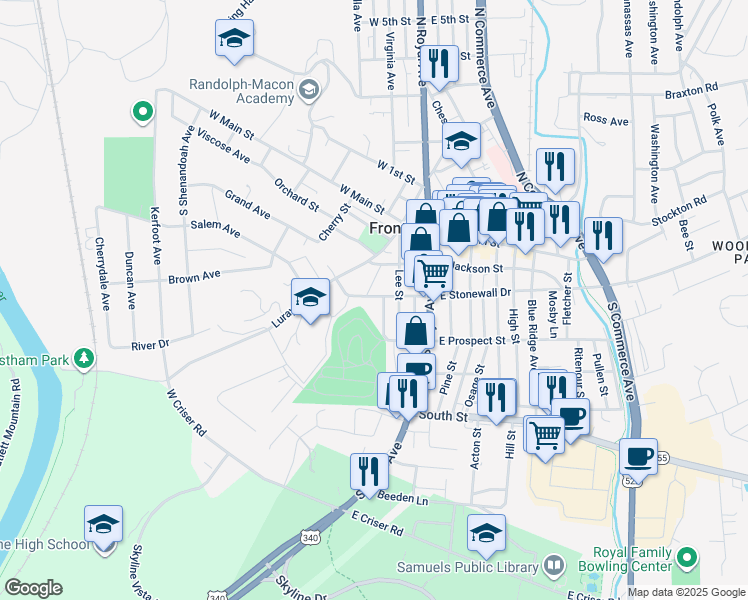map of restaurants, bars, coffee shops, grocery stores, and more near 124 West Stonewall Drive in Front Royal