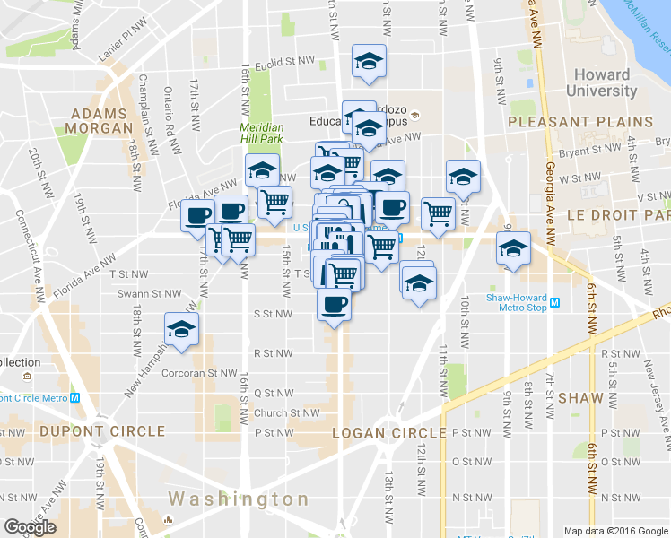 map of restaurants, bars, coffee shops, grocery stores, and more near 1904 14th Street Northwest in Washington