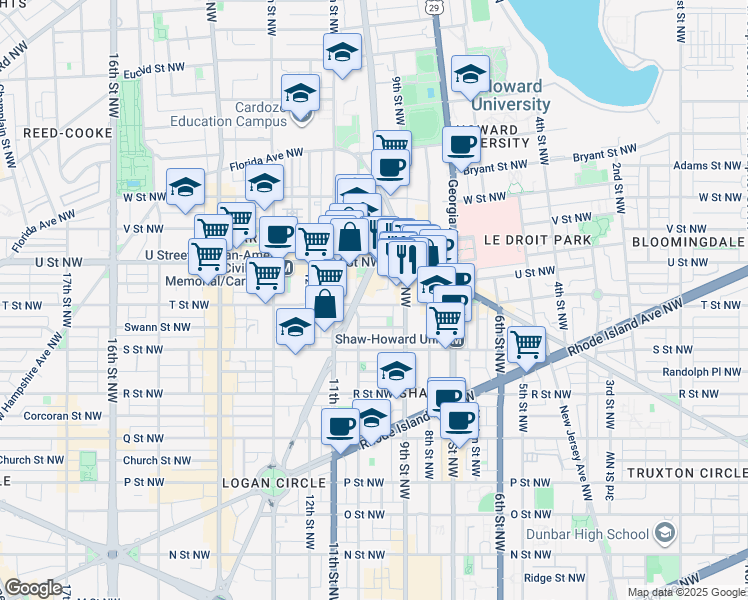 map of restaurants, bars, coffee shops, grocery stores, and more near 925 T Street Northwest in Washington