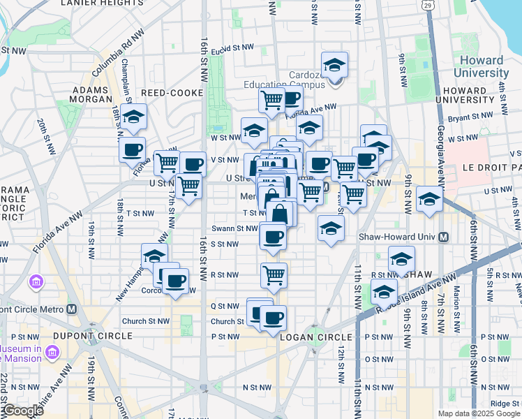 map of restaurants, bars, coffee shops, grocery stores, and more near 1421 T Street Northwest in Washington