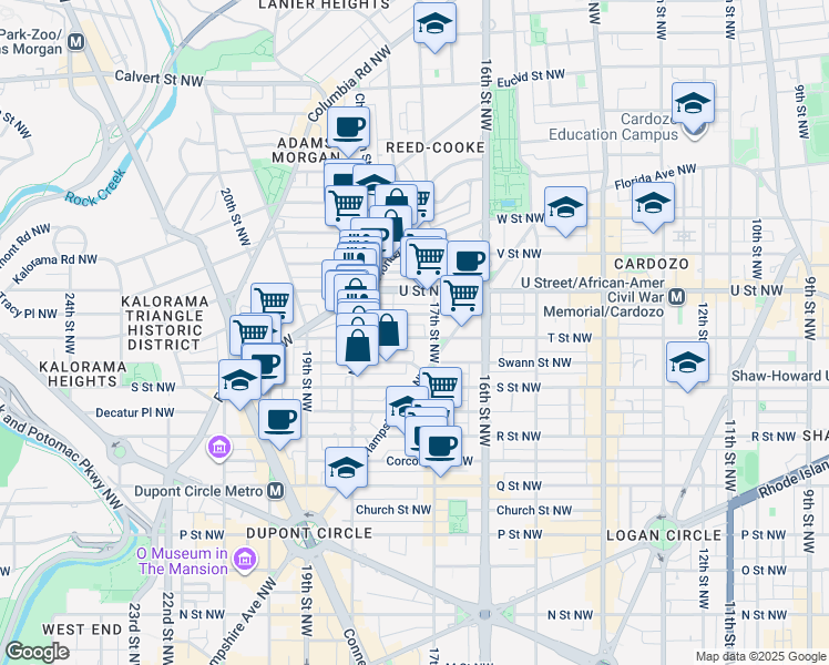 map of restaurants, bars, coffee shops, grocery stores, and more near 1717 T Street Northwest in Washington