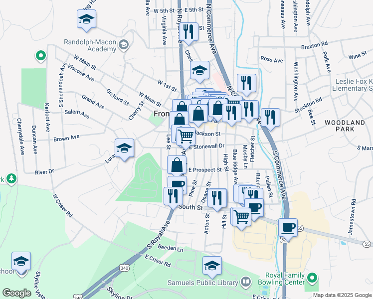 map of restaurants, bars, coffee shops, grocery stores, and more near 202 South Royal Avenue in Front Royal