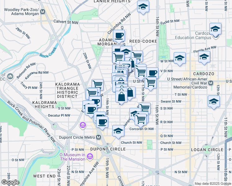 map of restaurants, bars, coffee shops, grocery stores, and more near 1811 T Street Northwest in Washington