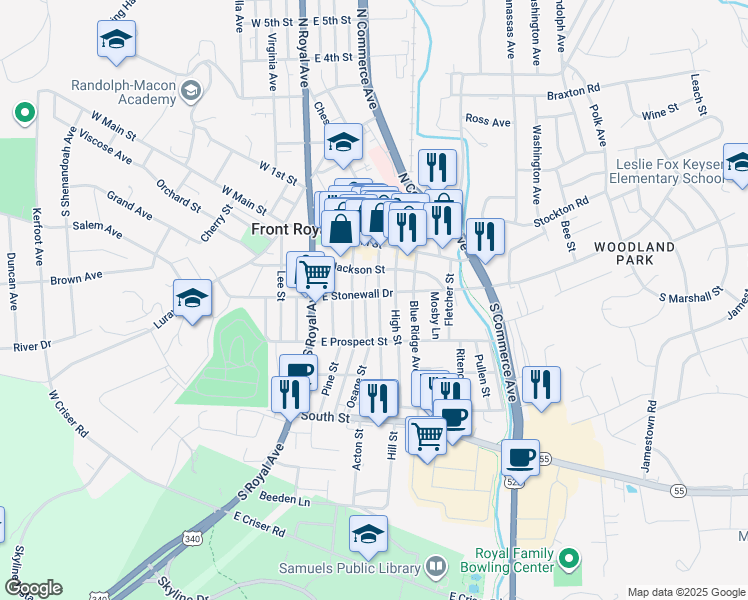 map of restaurants, bars, coffee shops, grocery stores, and more near 207 Cloud Street in Front Royal