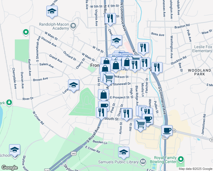 map of restaurants, bars, coffee shops, grocery stores, and more near 201 South Royal Avenue in Front Royal