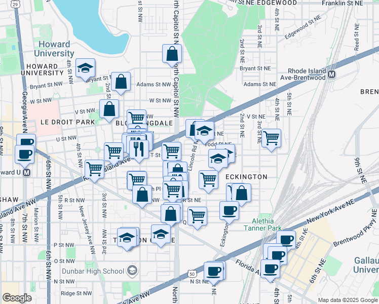 map of restaurants, bars, coffee shops, grocery stores, and more near 101 Independence Avenue Southeast in Washington
