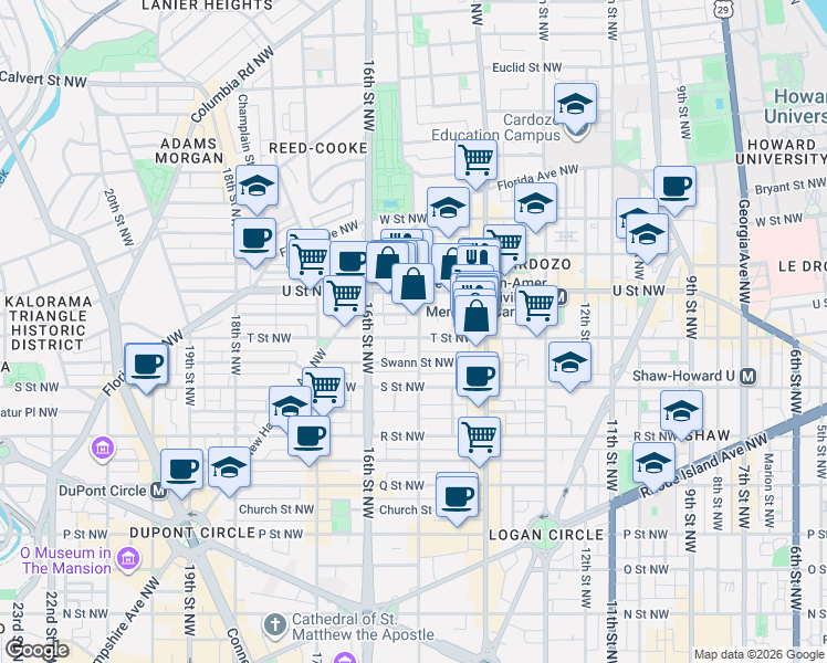 map of restaurants, bars, coffee shops, grocery stores, and more near 1900 15th Street Northwest in Washington
