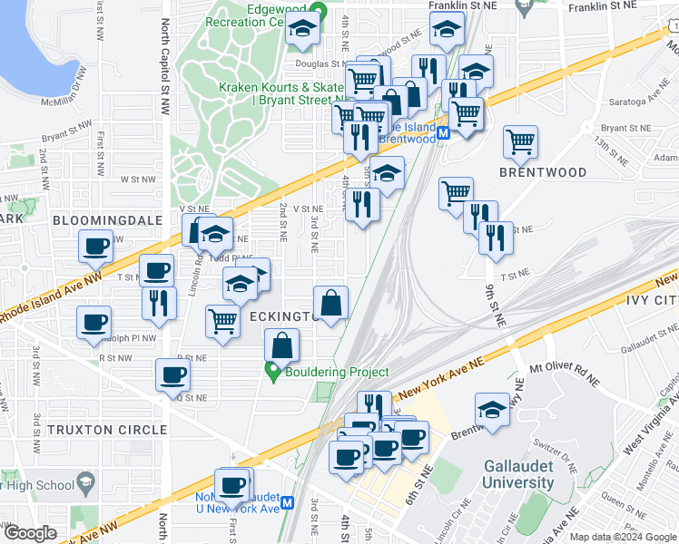 map of restaurants, bars, coffee shops, grocery stores, and more near 1902 4th Street Northeast in Washington