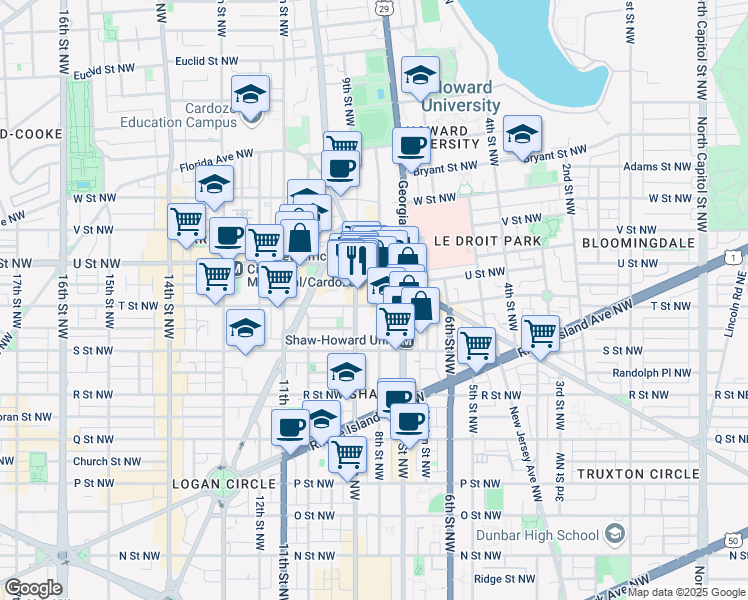 map of restaurants, bars, coffee shops, grocery stores, and more near 1900 8th Street Northwest in Washington