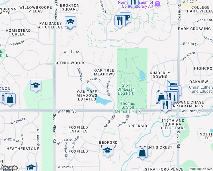 map of restaurants, bars, coffee shops, grocery stores, and more near 12700 West 117th Street in Overland Park