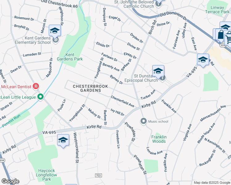 map of restaurants, bars, coffee shops, grocery stores, and more near 1819 Barbee Street in McLean