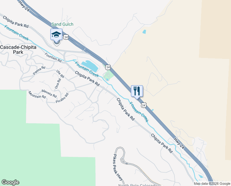 map of restaurants, bars, coffee shops, grocery stores, and more near 8830 Chipita Park Road in Cascade-Chipita Park