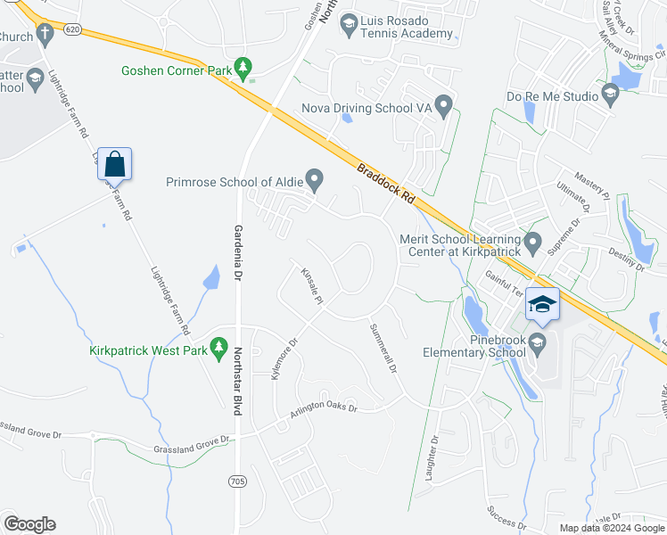 map of restaurants, bars, coffee shops, grocery stores, and more near Bostonian Place in Aldie