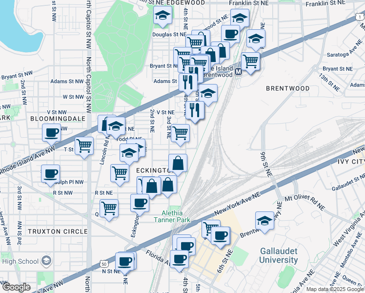 map of restaurants, bars, coffee shops, grocery stores, and more near 1902 4th Street Northeast in Washington